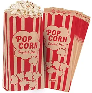 Popcorn Bags Kraft Paper Red Printed 125 Pcs Vintage Retro Style Large 2oz - 11? X 5? X 3? - Coated - Oil/Grease Proof - Prevent Salt Popcorn Seasoning Popcorn Kernels & Pop Corn Oil to Drop