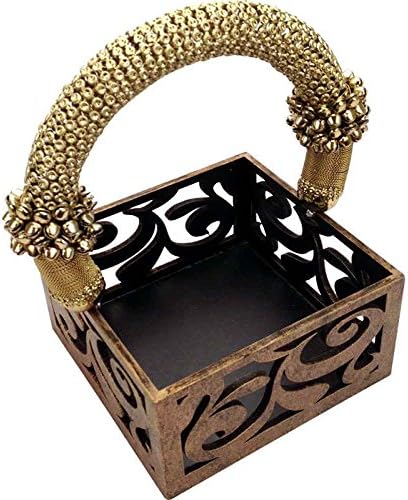 Wooden Brown Textured Multipurpose Basket with Gungroo Handle and See Thru design: Home Dinning or Kitchen Use - 6" x 6" x 8"