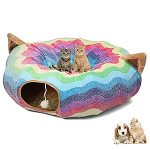 LUCKITTY Large Cat Dog Tunnel Bed with Washable Cushion-Big Tube Playground Toys Plush 6 FT Diameter Longer Crinkle Collapsible 3 Way,Gift for Small Medium Kitten Puppy Rabbit Ferret Rainbow