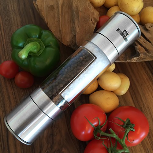 Salz- und Pfeffermühle Set 2-in-1 aus Edelstahl | Kombi Salz Pfeffer Gewürze Keramikmahlwerk | Design Geschenke für Köche und Gourmets - 4