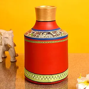 Aakriti Art Creations Hand-Painted Madhubani Terracotta Red Table Pot Vases for Home Decorative Item
