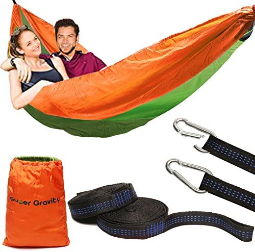 Easy Setting Double Parachute Camping Hammock - Ultra Capacity 300KG With Straps &amp; Steel Carabiners Garden Swing - Portable Lightweight Nylon Hammocks For Present, Travelling, Beach, Backyard, Hiking (Green and Orange)