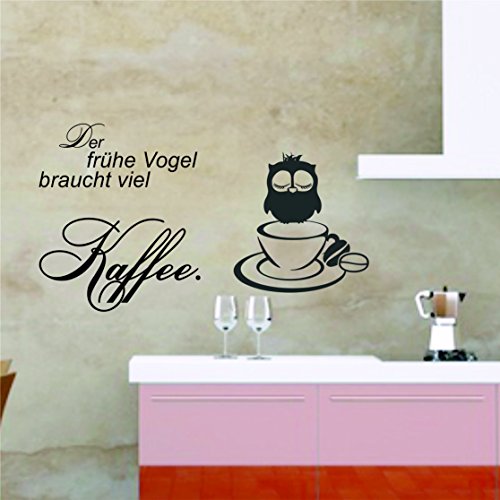 greenluup® Wandtattoo Spruch der frühe Vogel braucht viel Kaffee Küche Esszimmer Schlafzimmer in Schwarz - 2