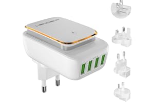 LENCENT Adattatore Universale da Viaggio, Adattatore Spina 4 Porte USB con Luce Notturna Touch, Caricatore USB Presa per USA/UK/EU/AUS, Caricabatterie USB Multiplo per Telefono/ Tablet/ Smartphone