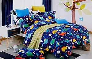 P Home Decor Kid's Polycotton Dinosaurs Print Jurassic Cartoon Double Bedsheet with 2 Pillow Covers (90 x 100 Inch, Multicolor, Queen)