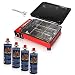 Produktbild Rsonic Rot Camping Gasgrill + 4x Butane gas kartuschen  Red Tischgrill mit Grillrost und Grillplatte geeignet für für Garten, Terrasse, Picknick, Ersatz Ofen bei Stromausfall, Camping usw. (1x, Rot Gasgrill + 4x Gaskartuschen)