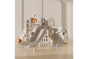 Zkiprm 5 en 1 Versatile Toboggan Bebe, Toboggan Exterieur Enfant, Toboggan Interieur Enfant, Toboggan Extra Long 200CM, Cadres de Basket-Ball, Buts de Football, Mini-Bus, Escaliers (Gray)