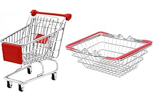 VICASKY 1 Set Mini Shopping Cart Trolley and Shopping Basket,Kids Cute Miniature Shopping Cart Stainless Metal Make Up Holder Rack Storage for Desktop Decoration