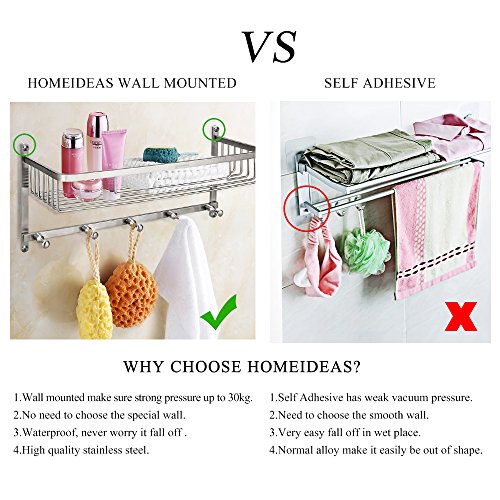homeideas 2-in-1-Extrem Fest & rostfrei rechteckig Badewanne und Dusche Regal Korb, Wand montiert Badezimmer Bad Caddy/Aufbewahrung mit 5 Handtuchhalter Haken Kleiderbügel, gebürstet, SUS304 Edelstahl, Edelstahl, Silber, C-Rectangular(2-in-1) - 2