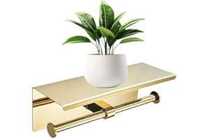 KWQKEM Double Toilet Paper Holder with Phone Shelf Dual Roll Tissue Holder Dispenser Wall Mounted SUS304 Commercial Stainless Steel Roll Holder Storage Cool Bathroom Accessory (Gold)