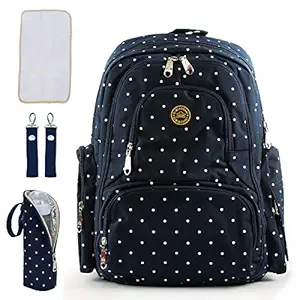 Motherly Stylish Babies Diaper Bags for Mothers with 1 Bottle Bag + 1 Diaper Changing Mat + 1 Set of Stroller Hooks (Blue,White Dot)