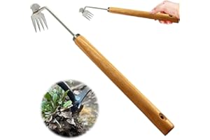 Topbashgo Outil de jardinage - Outil de désherbage manuel - Outil de jardinage - Avec manche (long manche en bois)