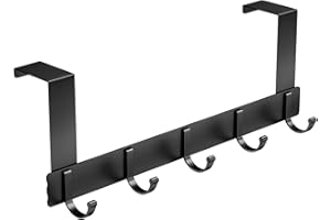 Grixz Over Door Hanger, 5 Hooks Door Hanger, Door Hooks Storage Organiser for Bedroom, Coat, Hat, Purses, Bag, Clothes, Towel, Black