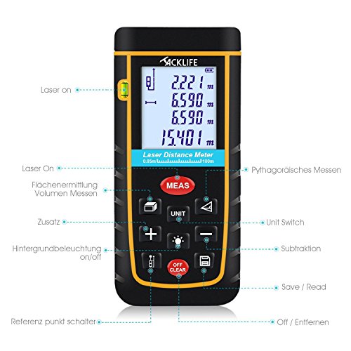 Tacklife Advanced Laser Entfernungsmesser Distanzmessgerät 0,05~100m/±2mm Distanzmesser distanz messgerät mit LCD Hintergrundbeleuchtung, inkl.Batterie und Schutztasche - 2