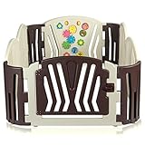 BABY VIVO Laufgitter Laufstall Baby Absperrgitter Krabbelgitter Schutzgitter für Kinder aus Kunststoff mit Tür und Spielzeug – Brown - 2