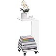 Navaris Clear Acrylic Side Table - Glass C Shaped Table 66 x 30 x 30 cm (26" x 11.8" x 11.8") - Clear End Table with Wheels - Rolling Sofa Tables for Living Room