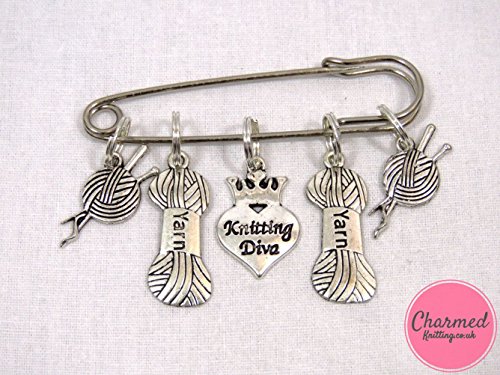 Knitting Diva - 5 Silver Knitting Stitch Markers by Charmed Knitting