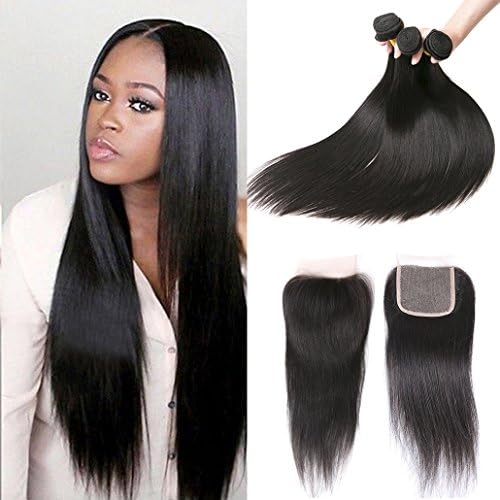 Silkylong Straight hair Brazilian Hair 3 Bundles With Lace Closure 4 4 Free Part frontal 18 20 22 +16 on sale UK