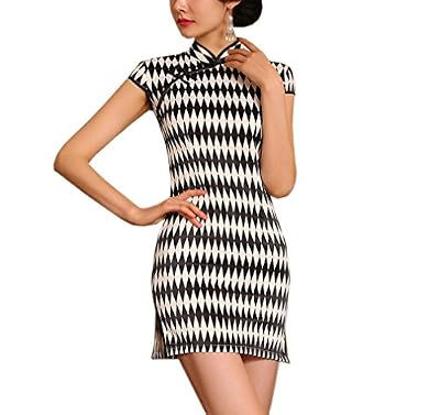 Luck Femme Robe Courte Chinoise Traditionnelle Cheongsam Classique Motif Losangé Polyester (EU 44-Tag XXXL)