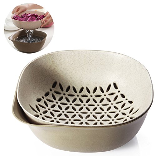 gossipboy 2-in-1 Mehrzweck Kunststoff & Weizen Stroh Ablauf Korb Schale Food Wash Waschbeckensiebe klappbar abtropfsieben Küche Sieb für Gemüse Obst Küche Werkzeug khaki