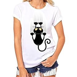 SKY Celebre por el Día del Vino!!! Las señoras forman impreso camiseta blanca Cotton Plus Size Short Sleeve gato Print Tees Shirt S~XXXL (M, Blanco)