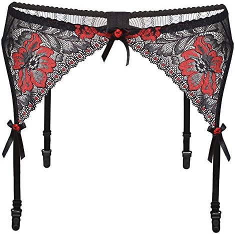 DKaren Lingerie 4 Strap Red &amp; Black Suspenders with Lace (suspenderbelt08) [UK] (M ( UK 10 ), Red &amp; Black)