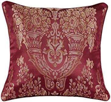 Luxury Jacquard 7PCS (Pieces) Complete Bedding Quilted Bedspread Bed Sets Comforter Set Bed Throw Including 1 Bedspread 2 Pillow 1 Valance Sheet 1 Cushion Cover 1 Decorative Pillow 1 Neck Pillow &amp;Pair of Matching Eyelet Ring Top or Pencil Pleat Fully Lined Ready Made Jacquard Curtains with Free 2 Tie Backs (Sandra Burgundy, 18" X 18" Cushion Cover Only)