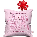 Indibni Travel Whole World Together Quote Romantic Young Couple Pink Cushion Cover 16x16 inch - Gift for Girlfriend, Wife, Her, Birthday, Anniversary, Spouse