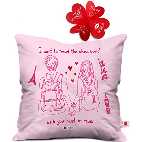 Indibni Travel Whole World Together Quote Romantic Young Couple Pink Cushion Cover 16x16 inch - Gift for Girlfriend, Wife, Her, Birthday, Anniversary, Spouse