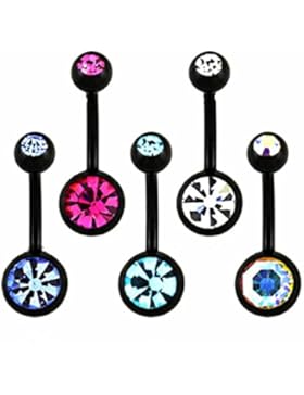 SL-Silver 5er Set Bauchnabelpiercing schwarz mit 5 Kristallfarben