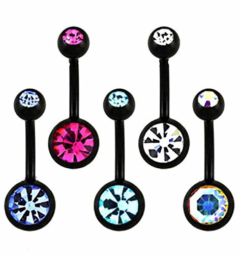 SL-Silver Lot de 5 Piercings Nombril Noir avec 5 Couleurs Cristal