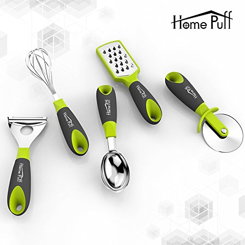 Homepuff Küchenhelfer Küchenutensilien Set aus Edelstahl(Kopfteil) und Silikon(Griff), Pizzaschneider, Schneebesen, Sparschäler, Eislöffel, Reibe. - 2