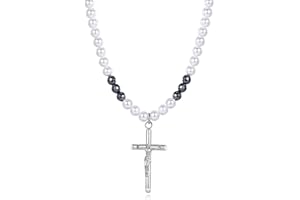 GAVU Collier Perle Hématite Pendentif Crucifix Homme Femme