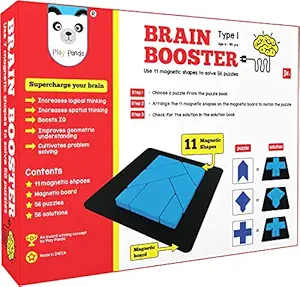 Play Panda Brain Booster Type 1 (Junior) - 56 Puzzles Designed To Boost Intelligence - With Magnetic Shapes, Magnetic Board, Puzzle Book And Solution Book - For 7 8 9 10 Upto 15 Years,Red