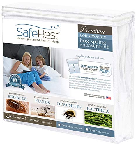 SafeRestPremium Hypoallergenic Waterproof Certified Low Profile Bed Bug Proof Box Spring Encasement 5.5" - Vinyl Free White Queen