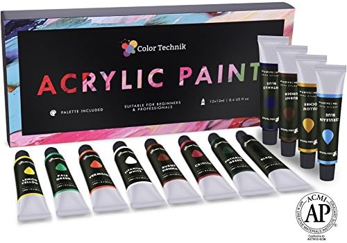 Acrylic Paint Set By Color Technik, Professional Artist Quality, Palette Included, 12 Aluminium Tubes, Best Colors For Painting Canvas, Wood, Clay, Fabric, Nail Art and Ceramic, Rich Pigments, Gift Me