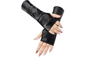 CALFOVERA Black Half Palm PU Leather Gloves Short Shiny Metallic Fingerless Mittens Gothic Punk Rock Stage Stretchy Dress Up Arm Warmer Gloves for Women Girls Halloween Costume Party Cosplay