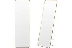 COSTWAY Full Length Mirror, Wall Mounted/Floor Standing Tilting Mirror, Rectangular Gold Steel Frame Full Body Large Makeup Dressing Mirror for Living Room, Bedroom, Bathroom and Entryway
