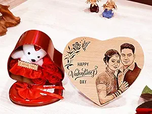 GFTBX Valentines Day Incredible Love Gifts- Gift Combo of Personalized Photo Frame and Heart Shape Box with Red Rose Flowers and Teddy | Gift for Girls Love | BF Gifts for Love (Wood Heart-6x5.5 in)