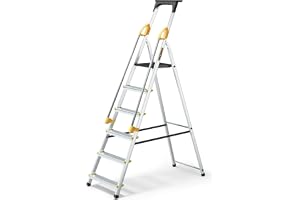 DRABEST Ladder PRO-serien Aluminiumstege 6 steg hopfällbar stege med säkerhetsräcken Hushållsstege Lastbar upp till 150 kg
