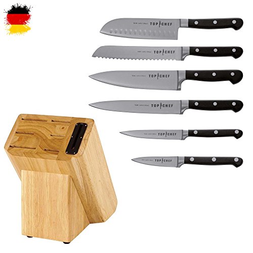 Chroma Sonderedition "Top Chef" 7-teilig Profi Premium Messer-Set bestehend aus Messerblock mit Schärfer, Kochmesser, Santoku-Messer, Brotmesser, Allzweckmesser, Tranchiermesser, Schälmesser