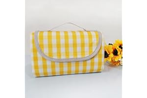 Menkala Picknickdecke Wasserdicht Klein 150x200 cm Outdoor Decke Stranddecke Sandfrei Strandmatte Krabbeldecke Faltbare Picnic Blanket mit Tragegriff Klettverschluss für 3-5 Personen Gelb Kariert