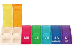 Anabox - Pilulier Semainier Box7 Multicolore - Organisateur de Médicaments 7 Jours avec Séparateur - Boîte à Pilules Double Compartiment - Compact et Lavable - Fabriqué en Allemagne