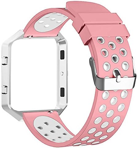 Fitbit Blaze Bands, FanTEK Small Sport Silicone Replacement Adjustable Strap with Silver Frame for Fitbit Blaze Smart Fitness Watch, Pink and White