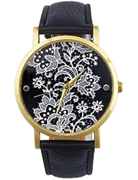 Amonfineshop Frauen runde Spitze-Printed-Leder-Quarz-Entsprechungs-Kleid-Armbanduhr(schwarz)