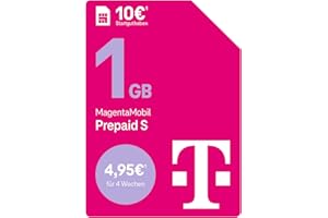 Deutsche Telekom MagentaMobil Prepaid S mit 1 GB Highspeed-Volumen I Surfen mit 5G/ LTE Max & Flat ins Mobilfunknetz (Min., SMS) + 50 Freiminuten in alle Anderen dt. Netze I 10 EUR Startguthaben