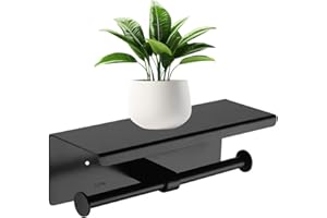 KWQKEM Double Toilet Paper Holder with Phone Shelf Dual Roll Tissue Holder Dispenser Wall Mounted SUS304 Commercial Stainless Steel Roll Holder Storage Cool Bathroom Accessory (Matte Black)