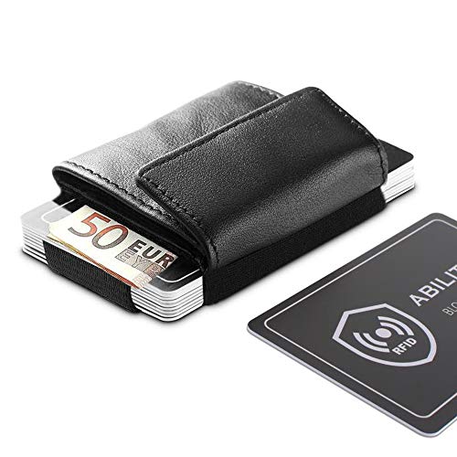 Preisvergleich Produktbild Kreditkartenetui Herren, ABILITH Kartenetui Leder Slim Wallet Mini Geldbörse Geldbeutel mit Münzfach und eine RFID Karte, Schwarz