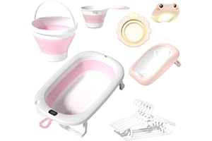 LITTLE BAMBINO 7-in-1 Baby Bath Set, Foldable Bathtub with Temperature Display, Bath Seat, Bucket, 0-8 Years (Pink)