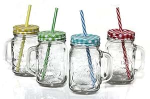 4er Set Vintage Henkel Trinkglas mit Deckel und Trinkhalm
